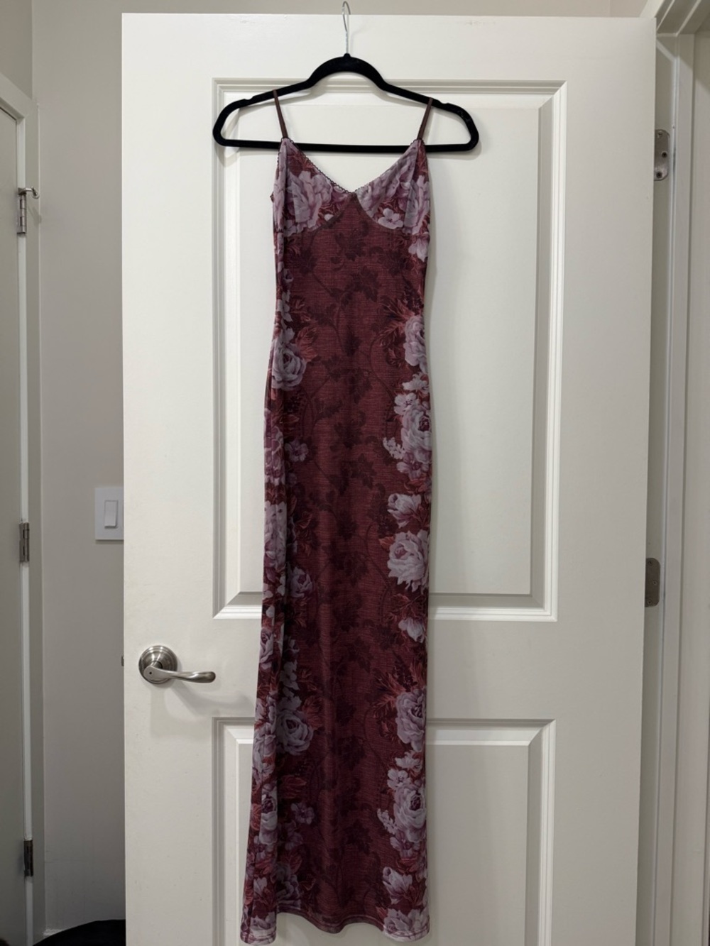 Tiger Mist Burgundy Slip Maxi Dress with Lavender Floral Print